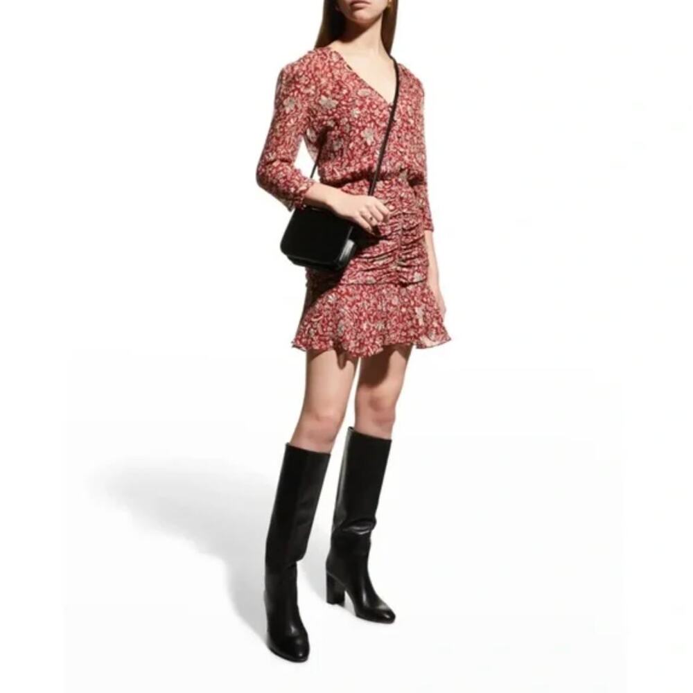 NWT Veronica Beard Rosalia Silk Floral Ruched Mini Dress Cranberry Size 0
